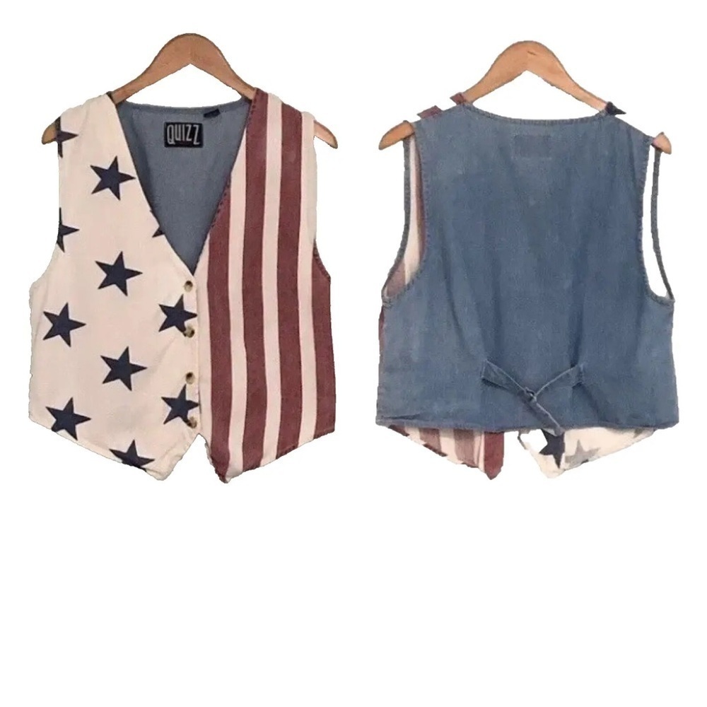 Vntg Quizz New York American Flag Sleeveless Chambray Vest *AS IS* Womens Medium